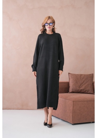 Kadın Bisiklet Yaka Yumuşak Dokulu Maksi Boy Şardonlu Oversize Triko Elbise 8324sw Siyah