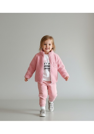 Kedi Nakışlı Peluş Hırkalı, Baskılı Sweatshirt Ve Eşofman Altı 3'lü Kız Çocuk Takımı Pembe