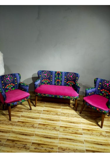 Azra Mobilya - Roma Çay Seti Koltuk Takımı - Babyface Kumaş - Ahşap Demonte Ayak Etnik Desen Fuşya