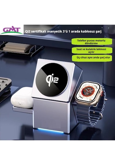 Qi2 15w Manyetik Kablosuz Şarj Cihazı, Döner Başlıklı 3'ü 1 Arada Masaüstü Standı Gri