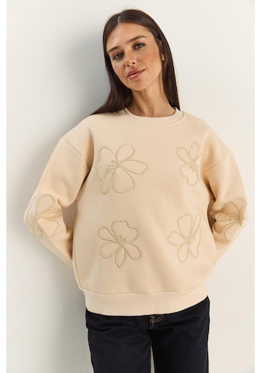 Shade Kadın Çiçek Eva Nakış Üç İplik Şardonlu Sweatshirt 60601046 - Bej