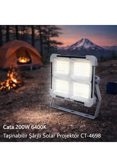Cata Ct-4698 Solar Projektör 200w Şarjlı Led Projektör Ip65 3 Renk Modlu Dimmerli Işık