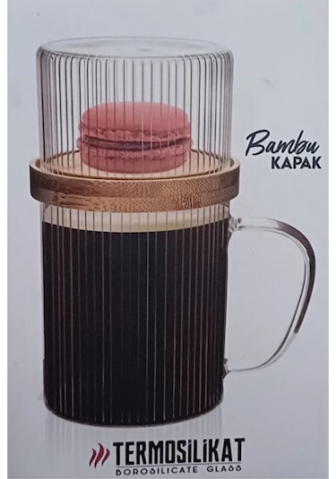 Bambu Kapaklı Sunum Seti Sunum Fanuslu Cam Kupa 300 Ml Şeffaf