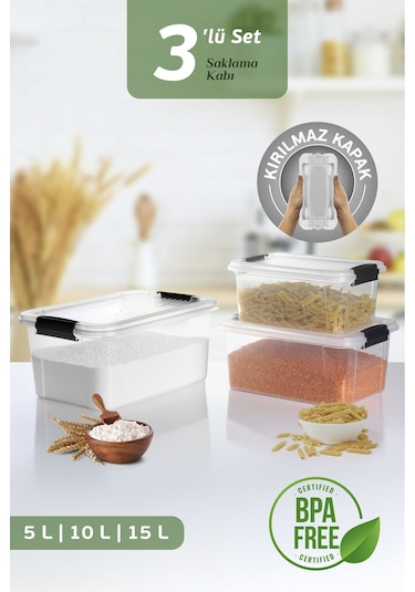 3'lü Organizer Box 5-10-15l Saklama Kabı - Çok Amaçlı Düzenleyici Kilit Kapak Derin Saklama Kutusu Şeffaf