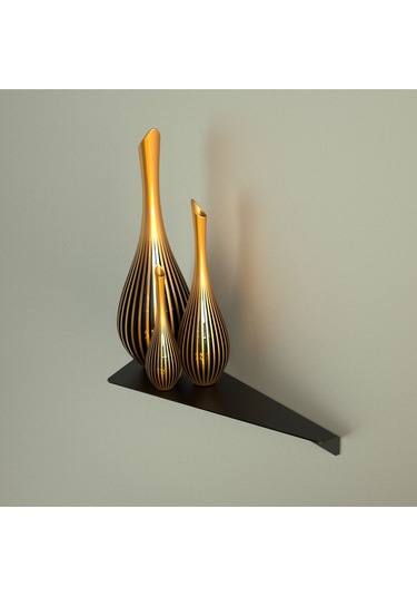 Modern Dekoratif Duvar Rafı, Siyah Metal, 30x130x380mm, Kitaplık Ve Vazo Rafı Siyah