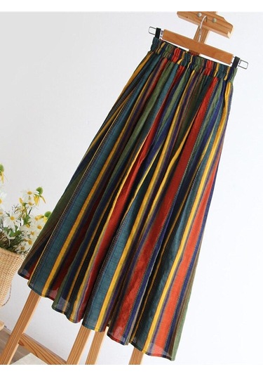 Qooth İlkbahar Yaz Kadın Yüksek Belli Renkli Şerit A-line Etek Vintage Midi A-line Uzun Etek Büyük Salıncak Ile Qt1718 Yeşil