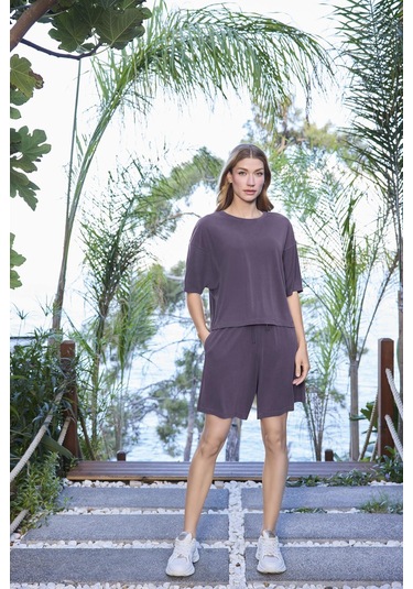 Monamise Kadın Kısa Kollu Bisiklet Yaka Alt Üst Takım 25080 Mor