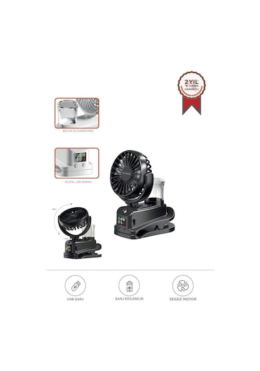 Torima F-14 Siyah Dijital Ekranlı Şarjlı Su Kapasiteli Mini Masa Fan Vantilatör