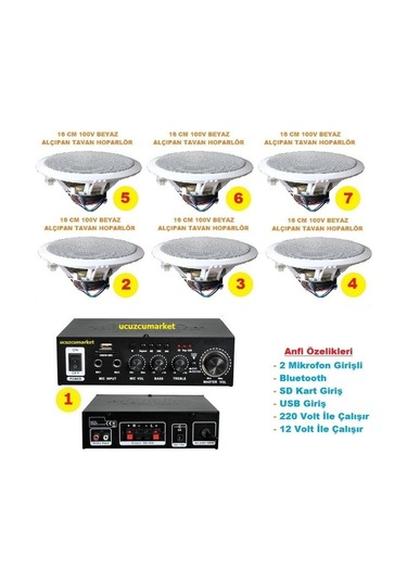 Tavan Hoparlör Seti 1 Adet Anfi+6 Adet 100v 16cm Tavan Hoparlör