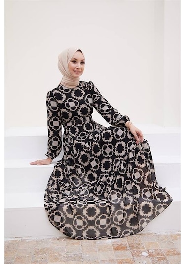 Neşeli Butik Kadın Kemerli Yeni Sezon Tesettür Elbise Sms016 Siyah