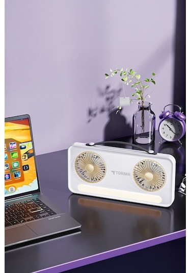 Torima F-23 Beyaz Led Işıklı Çift Fanlı Mini Masaüstü Vantilatör 1200mah Şarjlı Taşınabilir Fan