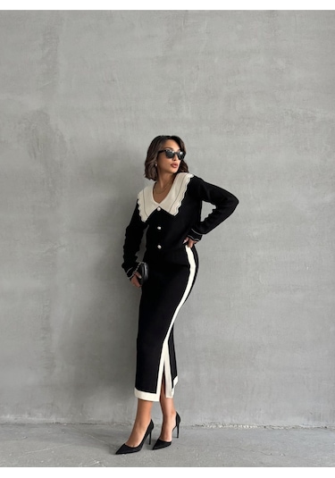 Kadın Bebe Yaka Triko Takım Siyah