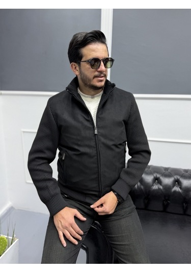 Avni Ceylan Erkek Nubuk Triko Kol Detaylı Slim Fit Mont Siyah