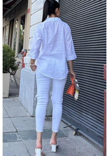 Kadın Beyaz Truvakar Kol, Oval Kesim, Terletmez, Flamlı Keten Salaş Gömlek Beyaz