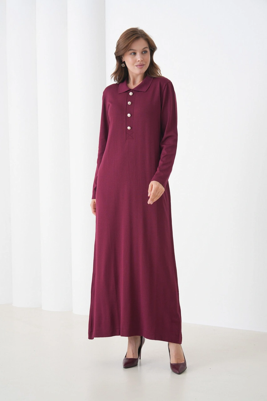 Kadın Uzun Kol Gömlek Yaka Triko Önden Düğmeli Triko Spor Şık Elbise Bordo
