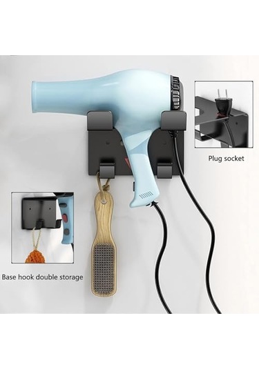 Saç Kurutma Makinesi Tutucu, İster Kendinden Yapışkanlı İster Duvara Vidalamalı Saç Kurutma Makinesi Tutucu İstasyonu 2 Kancalı Fön Makinesi Tutacağı Banyo Duş Odası İçin Tüm Makinalara Uyar Siyah