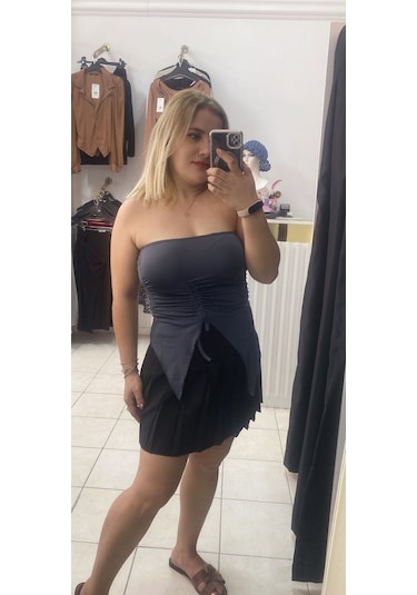 Tuba Toptaş Straplez Bluz Büzgülü Gri