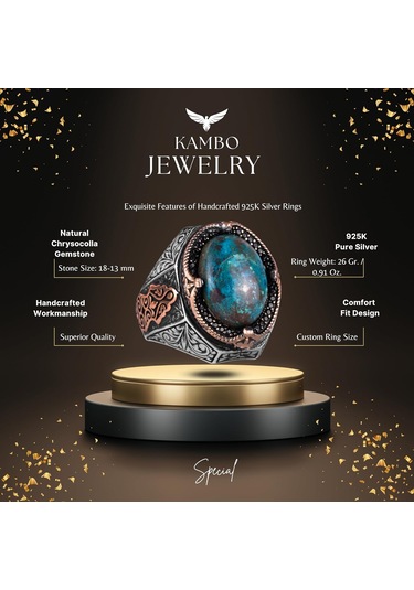 Gerçek Doğal Krysokolla Taşlı Yüzük - 925 Ayar Katı Gümüş Erkek Yüzüğü Gümüş