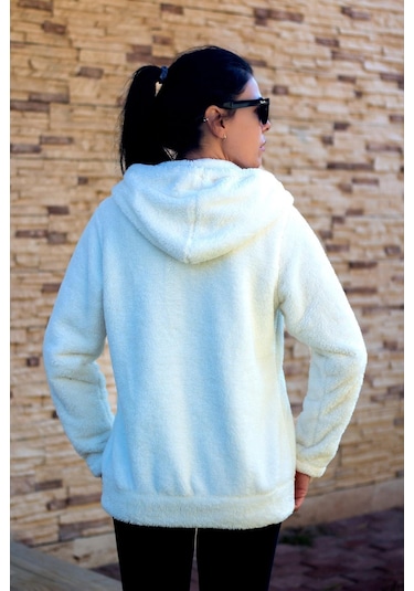 Kadın Beyaz Peluş Yumoş Fermuarlı Kapüşonlu Cepli Welsoft Ceket 22kckteres 001