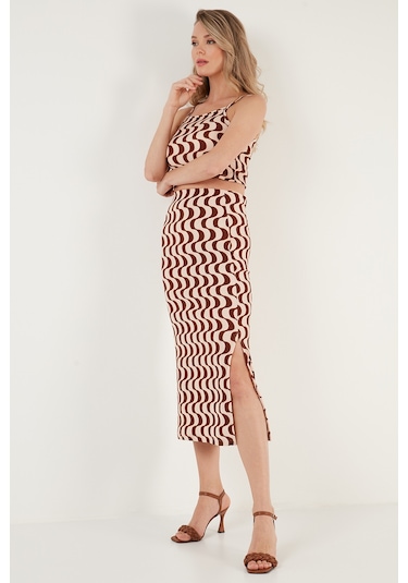 Lela Slim Fit Ip Askılı Yırtmaçlı Bayan Takım 5865278 Kahve-Beyaz