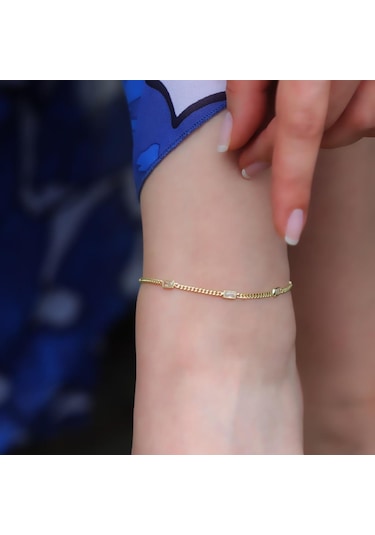 Dikdörtgen Zirkon Taşlı Gold Kaplama Gümüş Zincir Halhal Gümüş