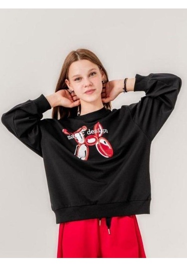Kız Çocuk İki İplik Magic Baskılı Tasarım Sweatshirt-14215 Siyah