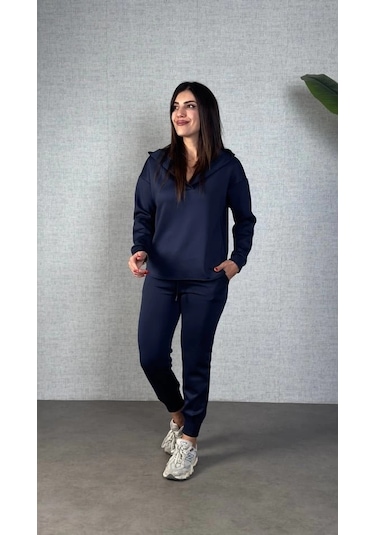 Defymoda Kadın Uzun Kollu Kapüşonlu Ikili Takım Mavi