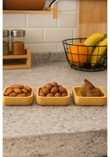 Mucit Home Bambu 3'lü Kare Çerezlik Reçellik Lokumluk Kahverengi