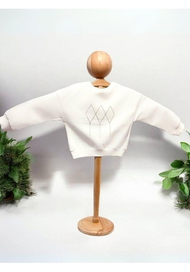 Kız Çocuk Mevsimlik Pamuklu İki İplik Zincirli Sweatshirt-15447 Ekru