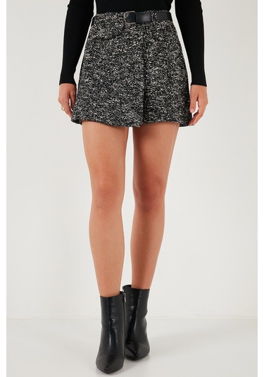 Lela Pamuklu Kırçıllı Relaxed Fit Mini Boy Kemerli Bayan Şort Etek 611Sr0083 Siyah