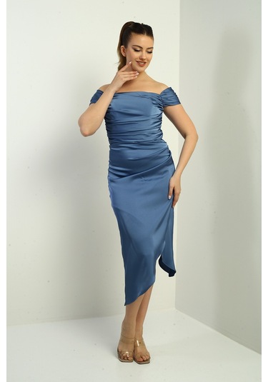 Kadın Madonna Yaka Drapeli Asimetrik Saten Kısa Elbise İndigo