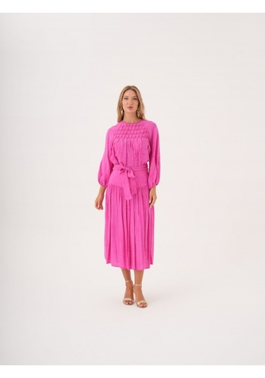 Büzgü Detaylı Kuşaklı Viskon Ve Keten Karışımlı Bluz FUŞYA