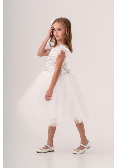 Tüllü Kız Çocuk Kpl Elbise Mnk0526 Beyaz