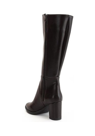 Kadın Topuklu Çizme Kahve Suni Deri Sivri Burun-4208 Kahve