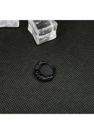 Siyah Yuvarlak Paslanmaz Çelik Kore Tarzı Küpe Ejderha Deseni Daire Kulak Çıtçıt Erkekler Hoop Küpeler Siyah