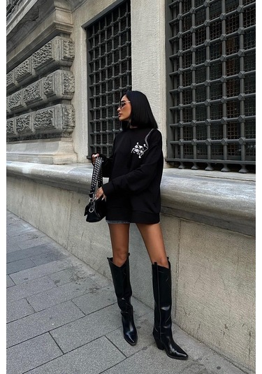 Kadın Siyah Dokuma Oversize Uzun Kollu Sweatshirt Siyah