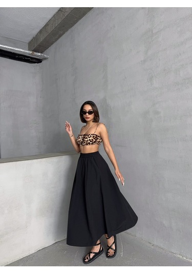 Kadın Beli Lastikli Dokuma Kloş Etek Siyah