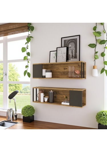 Robin Home Mutfak Rafı Duvar Rafı Kitaplık 2'li Se Ahşap - Antrasit