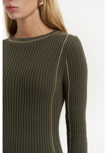 Aston Çizgi Detay Haki Triko Elbise Haki