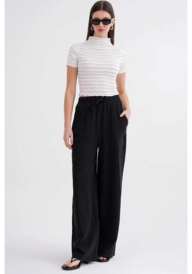 4286 Kadın Bol Paça Beli Lastikli Müslin Palazzo Pantolon Siyah Siyah