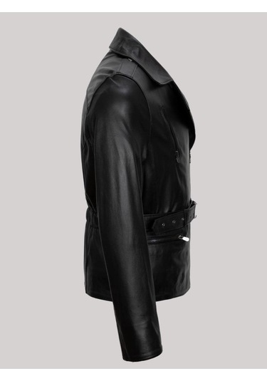 Hakiki Kuzu Derisi Siyah Erkek Deri Mont Beli Kemerli Yandan Fermuarlı Deri Ceket Siyah