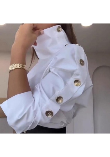 Kadın Gömlek Düğme Eklemeli Balıkçı Yaka Uzun Kollu Rahat Bol Kesim Gömlek Düz Yeşil