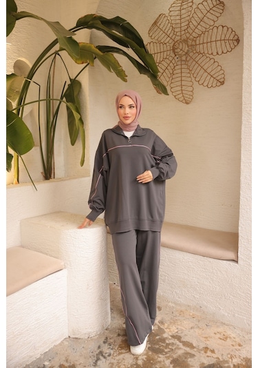 Tesettür Eşofman Takımı Ikili Takım Fermuarlı Yaka M-483 Antrasit