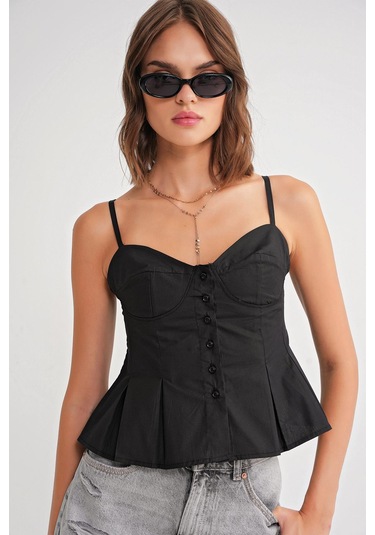 4737 Kadın Düğmeli Kuplu Pileli Bluz Siyah Siyah