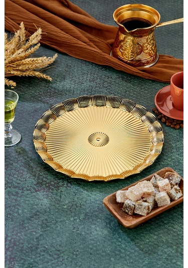 Cooker 25 Cm Yuvarlak Tepsi - Parlak Yüzeyli Sunum Tepsisi 25x25 Cm Altın