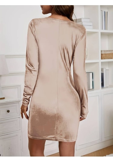 Nnstartshopping Kadın Uzun Kollu Kruvaze Yaka Kısa Kadife Elbise BEJ