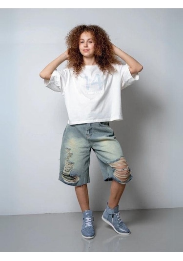 Kız Çocuk Yırtık Denim Kot Şort-15784 Mavi