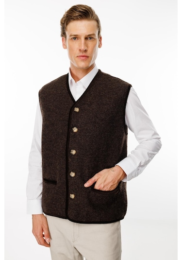 Erkek V Yaka Astarlı Saf Yün Keçe Yelek Kahve Kahve