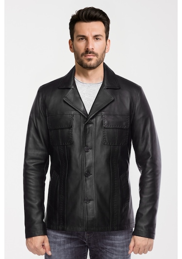 Derije Gomez Hakiki Deri Erkek Siyah Punto Dikiş Detaylı Ceket-Mont