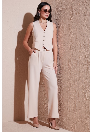 Lela Regular Fit Yüksek Bel Bol Paça V Yaka Yelekli Bayan Takım 5866199 Taş